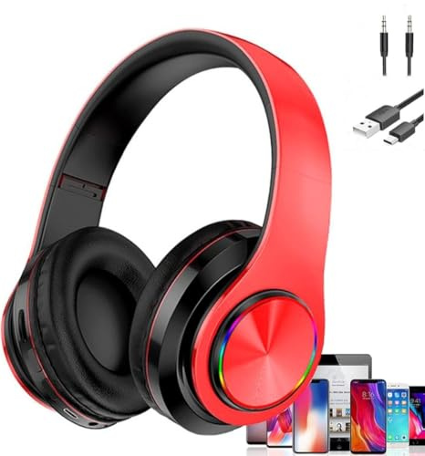 Wireless Bluetooth Headphones, Wireless Headset with LED Lights, Over-Ear Design, Foldable, Noise Cancelling For Music, Phone, PC, School, Office, Games, All Bluetooth Devices (Red)