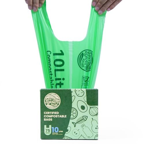 RAYTID Tie Handle Compostable Food Waste Bags 10L 75 Extra Strong Compostable Caddy Liners with Handle