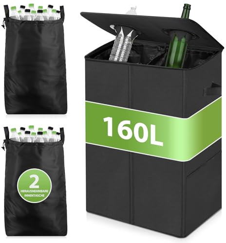 DIDAINT 160L Cubo de Basura Cocina, 2 Compartimentos Botellas de Depósito con Tapa, Contenedores de Reciclaje Botellas de Depósito con 2 Bolsas de Transporte, Nero
