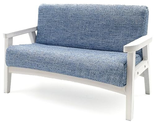 Dollhouse Couch mit Armlehre 1:12 Skala weißes Rahmenpuppenhaus -Sofa mit blau grauem Kissen 4.5x2, 4x2, 8 Holzmöbel für Wohnzimmer, Schlafzimmer
