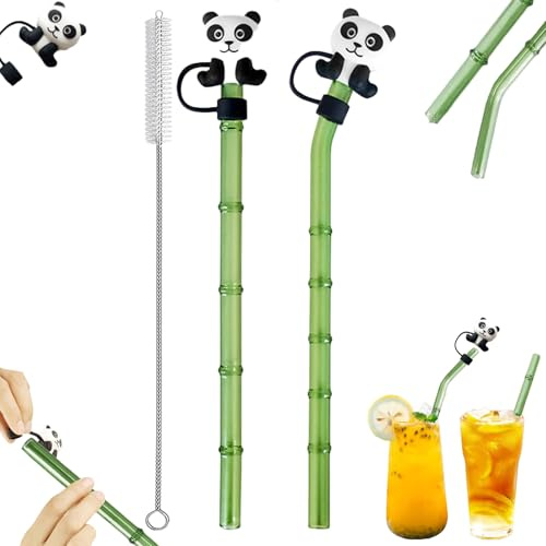 3 Stück Glastrinkhalm mit Bambus-Design, 1 Gerade+1Gebogene Glas Strohhalm +1 Reinigungsbürsten, 20cm Glasstrohhalme, Cocktail Strohhalme Wiederverwendbar, Mit Panda-Design Trinkhalmdeckel (silver 1)