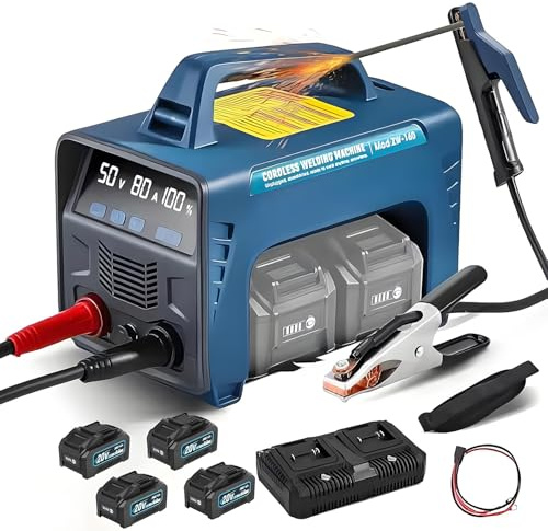 Cordless Welder Battery Powered Stick/Flux Core Welder, MMA ARC DC Welding Machine, with LED Display Hot Start Arc Force Anti-Stick, for Welding Different Materials,4Batteri
