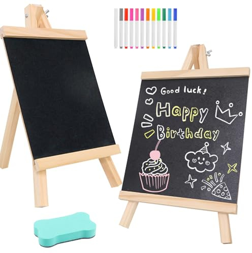 2 Kreidetafel Aufsteller, 12 Farben Kreidefarbe und 1 Tafelwischer, Schiefertafel zum Beschriften 29 x 16 cm, Kreidetafel Klein, für Preisschilder Buffettisch Geburtstag Hochzeit Party Event