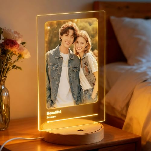 SOUFEEL Spotify Glas Personalisiert mit Foto und Musik Fotogeschenke für Frauen und Männer Acryl LED Bilderrahmen mit Nachtlicht Beleuchteter Rahmen mit Holzständer Geschenk Valentinstag für Ihn Sie