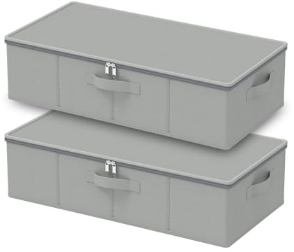 GUOHNHE Under Bed Storage Bins, for Closet, 2 Pack, Grey, 60x30x15 cm | Closet Containers Organizers, Foldable Under Bed Basket with Zippered and PP-board, for Blankets, Clothes, Comforters