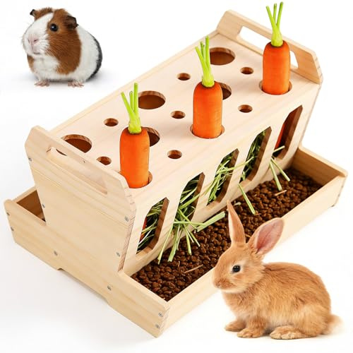 Heuraufe Kaninchen aus Holz, Große Heuraufe Futterraufe mit Karottenhalter (30 x 20 x 18 cm) - Selbstfüllend für Meerschweinchen, Hasen, Hamster, Mäuse, Ratten