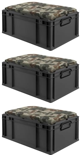 PROREGAL SparSet 3x Eurobox NextGen Seat Box Camouflage, HxBxT 26,5x40x60cm, 44 Liter, Griffe geschlossen, Schwarz, Eurobehälter, Sitzbox, Transportbox, Transportbehälter, Stapelbehälter