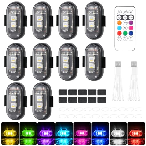 FENYW 10 Stück Kabellose LED Lichter, 8 Farben Wasserdicht Blitzlicht mit Fernbedienung, USB-Aufladung Antikollisionslichter, USB Aufladung Blitzleuchte für Motorrad, Drohne, Camping, Angeln