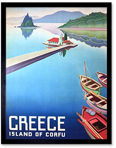 Wee Blue Coo Travel Island Corfu Greece Boats Pier Art Print Framed Poster Wall Decor Kunstdruck Poster Wand-Dekor-12X16 Zoll