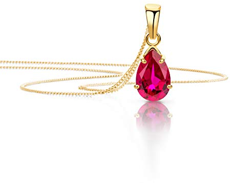 OROVI Schmuck Damen Tropfen Kette Gold mit Ketttenanhänger Edelstein/Geburtsstein Rubin in Rot klassische Halskette aus Gelbgold 9 Karat / 375 Gold Edelstein schmuck