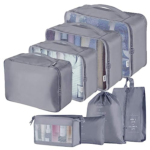 Travel Packing Cubes, Toifucos Multifunction 8pcs/set Luggage Organiser Compression Suitcase Essential Bag, Dark Gray