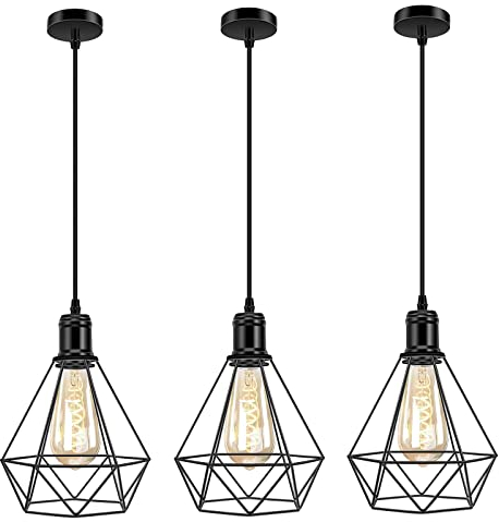 3PCS Black Ceiling Lights Industrial Flush Ceiling Light Fittings Pendant Light Shade Metal Chandeliers Ceiling Light with Adjustable Cable for Living Room Kitchen Bedroom Hallway Lighting, No Bulbs