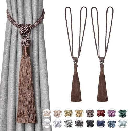 Pretty Jolly 2 Pack Long Tassel Curtain Tiebacks Handmade Braided Rope Knot Drape Tie Backs European Style Decorative Curtain Holdbacks for Home & Office Window Drapery (Deep Coffee)