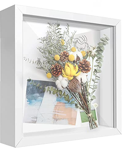 TouYinger 8x8 Shadow Box Frame Display Case with Letter Stickers, 3D Picture Frame, Display Case Box for Memorabilia, Baby Items, Wedding Memories, Crafts, Tickets and Photos (White, 8x8)