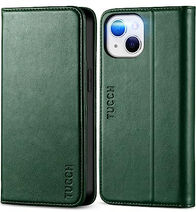 TUCCH Hülle für iPhone 13, iPhone 13 Handyhülle [Schützt vor Stößen] Etui mit Leder aus Kunstleder [Kartenfach], Booklet kompatibel mit iPhone 13 (6,1 Zoll) Dunkelgrün
