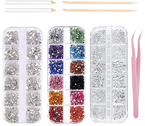 Strasssteine Set,3800 pcs Strasssteine Nagel Kunst Nail Gems 3 Verschiedene Formen,mit 2 Strass Picker Tool Pens,2 Nail Wooden Sticks und 1 Pink Tweezer zum Basteln,DIY,Nagelkunst
