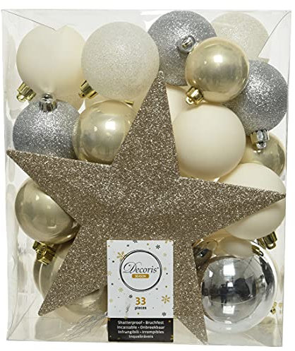 dekorativer bruchfester Kugelmix mit Sternspitze als 33er Set Weihnachtskugeln Baumkugeln bruchfest für innen und außen (Perle-Silber-weiß)