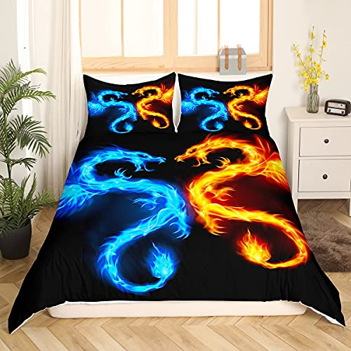 Sunnybed Wasser Feuer Drache Bettwäsche Set Tierthema Bettbezug 135X200, Flaming Dragon Trösterbezug für Jungen Teens Mann Wildlife Schlafzimmer Dekor, 135*200+80*80*1, Multi 300