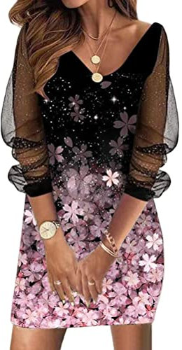 Tomwell Femme Mini Robe Soirée Moulante à Paillettes Manches Transparentes en Tulle Robe Élégante Crayon Moulante Jupe Portefeuille Z1 Rose XXL