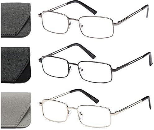 Hubeye 3er-Pack Lesebrille Herren Rechteck Rahmen Metall Edelstahl Material Federscharniere Blaulicht Blockierende Computer Lesebrille mit Brillenholster +3.00