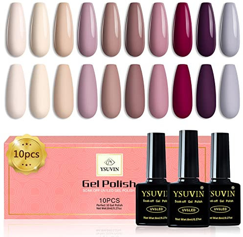 Yueshop 10PCS Red Nude Pink Beige Brown Grey Reddish Brown Gel Nail Varnish Set, Gel Polish Soak-Off UV/LED Lamp for Holiday Art Nail, 8ml