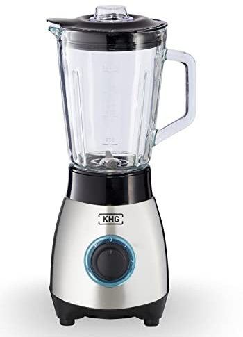 KHG Mini Standmixer 250 Watt mit 0,8 Liter Glasbehälter, Edelstahl | 4-fache 3D Edelstahlklingen, 2 Geschwindigkeitsstufen und Impulsfunktion | geeignet zum Mixen, Pürieren, Eiscrushen