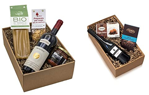 Geschenk-Set Nudelliebe Geschenk Korb mit Spaghetti di Semola, Gewürzmischung, Tomatensauce und Primitivo & Präsentkorb „Gaumenfreude“ Italienischer Rotwein Sangiovese