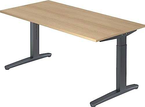 bümö manuell höhenverstellbarer Schreibtisch 160x80 in Eiche, Gestell in Graphit - PC Tisch höhenverstellbar & groß, höhenverstellbarer Tisch Büro, großer Computertisch verstellbar