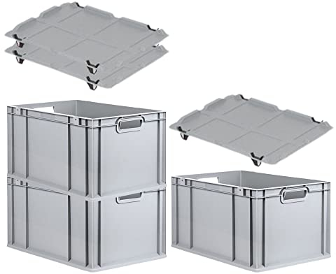 PROREGAL SuperSparSet 3x Eurobox NextGen Grip mit Auflagedeckel & 4 schwarzen Schiebeschnappverschlüssen, HxBxT 32x40x60cm, 65 L, Grau, Griffe offen, Eurobehälter, Transportbox
