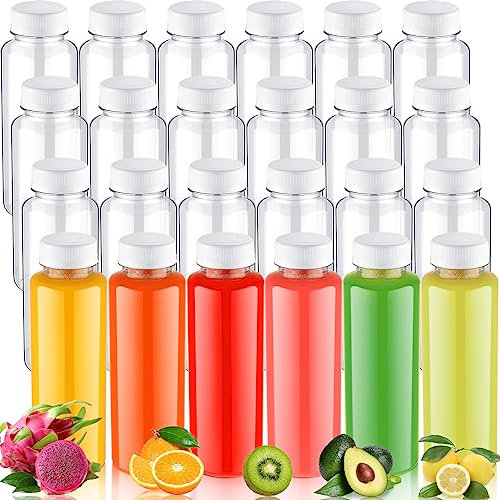 Thenshop 24 Pcs 12 oz Clear Plastic Juice Bottles with White Tamper Evident Lids Sensory Bottles Reusable Beverage Bottles Empty Drink Containers for Juicing Milk Smoothie Water Fridge Storage