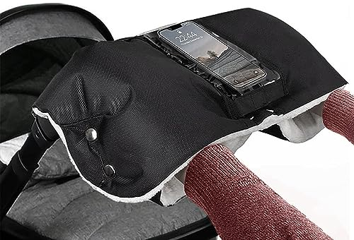 Kinderwagen Handwärmer mit Telefontasche, Kinderwagen Handschuhe Handmuff mit Fleece Innenseite, Wasserdicht Winddicht Handwärmer Universalgröße für alle Kinderwagen Buggy (Telefontasche-Schwarz)