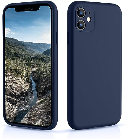 CALOOP Slim-Fit for iPhone 11 Case,Skin Soft Liquid Silicone,Sturdy Hard Frame Shockproof Cover with Anti-Scratch Microfiber Lining,Full Protection for Screen and Lens,6.1 inch(Navy Blue)