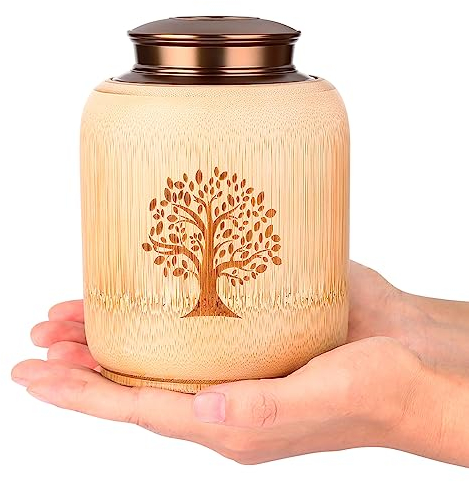 HOOMTREE Urne funéraire pour cendres humaines, urne moyenne pour cendres humaines en bambou, urne décorative avec arbre de motif de vie, peut contenir jusqu'à 83 pouces cubes