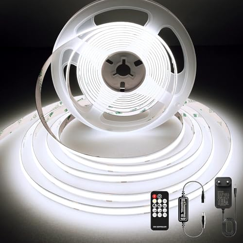 BERIXDEEP Striscia LED COB 3 Metri, Striscia LED Bianco Freddo con Telecomando e Alimentatore, CRI>92, DC24V, 480LEDs/M, Larghezza 8mm, Striscia LED COB 3 metri Dimmerabile, 6000K
