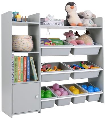 COSTWAY Kids Toy Storage Unit, Children's Toys Box Organiser with 8 Bins, Cabinet and Open Shelves, Large Toddler Bookshelf Rack for Playroom, Nursery, Kindergarten (Gray)