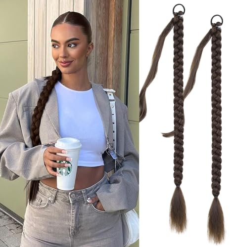 Fulang Hair 2PCS Braid Ponytail Extension Zopf mit Haargummi Haarteil zum Einflechten Lang Ponytail Kunsthaar für Frauen Geflochtener Haarteil (Tiefes Rotbraun)