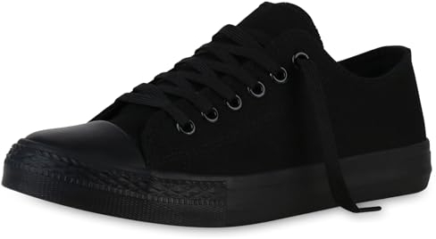 VAN HILL Damen Sneaker Low Bequeme Schnürer Flache Basic Schuhe Freizeit Stoffschuhe Schnürschuhe 203884 Schwarz 38