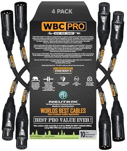 4 Units - 1 Foot - WBC-PRO-QUAD Ultra-Silent Ultra-Flexible Balanced Star-Quad Cable with Neutrik Male & Female XLR Plugs & Black Tweed Jacket