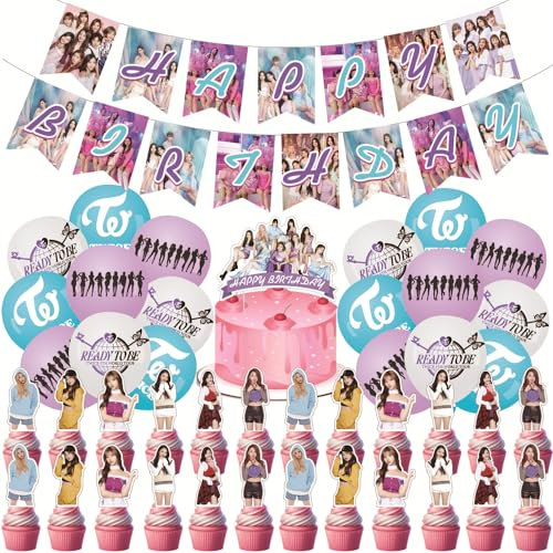 Las decoraciones de fiesta Twice Merch incluyen pancartas de feliz cumpleaños, decoración para tartas, adornos para cupcakes, globos