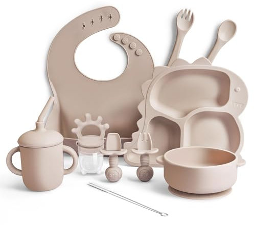 Geschirr-Sets für Kinder, Utensilien für Kleinkinder, Baby Led Weaning Supplies mit Dinosaurier Teller, Lätzchen, Tasse, Saugnapf, Gabeln, Löffel, Fruchtspender, Reinigungsbürste (Beige)