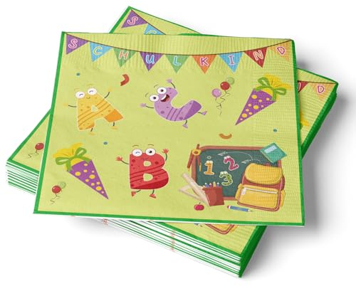 30 Stück Servietten aus Papier mit Schultüte, Zuckertüte und ABC Motiv, 33 cm