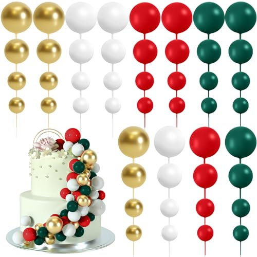BOUBONI Lot de 48 boules en mousse pour décoration de gâteau d'anniversaire, de mariage (vert, rouge, blanc, doré)