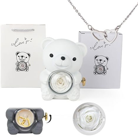 Preserved Rose Hug Bear Gift Box with Necklace, Preserved Rose Gifts Set, Valentine's Day Rotating Bear Rose Jewelry Box, Gift Set for Women Anniversary Valentines Day (White/1pcs)