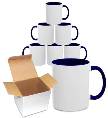 Sublimation Mugs 11oz Blank with Coloured Large Handle & Inner with Box | Durable, Ceramic Orca Finished Mugs Perfect for Custom & DIY Printing, for Loved Ones | Blue Bulk Pack of 6