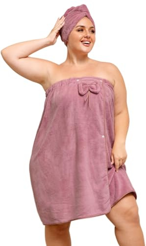 Toalla envolvente con toalla para el cabello para mujeres, albornoz de ducha para mujer, cómoda toalla de baño ajustable + toalla para secador de pelo, violeta, XL-XXL