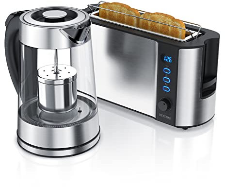 Arendo - Wasserkocher mit Toaster SET, Edelstahl Glas Wasserkocher mit Teesieb und wählbaren Temperaturstufen 1,7 L und 2 Scheiben Toaster in Edelstahl Langschlitztoaster