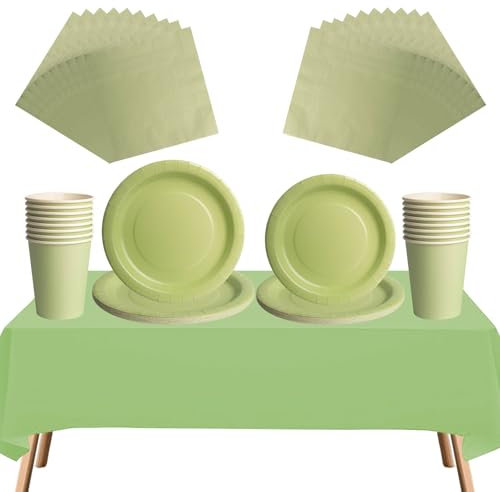 69pcs Sage Green Disposable Tableware Set - 20 Napkins, 16 Cups, 16pcs 7inch and 9inch Plates, 1pcs Sage Green Tablecloths | Biodegradable Dinnerware for Birthdays, Weddings, Kids Christmas Party