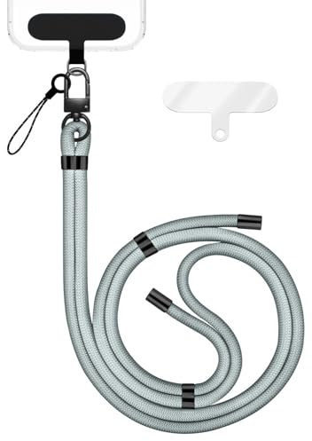 NALIA HoldMe Lanière Universelle pour Smartphone & Coque de Téléphone Portable, Cordon en Nylon Réglable, Sangle de Cou, Bandoulière avec Mousqueton (noir) & 2 Patches, Lanyard, Couleur:Gris Clair