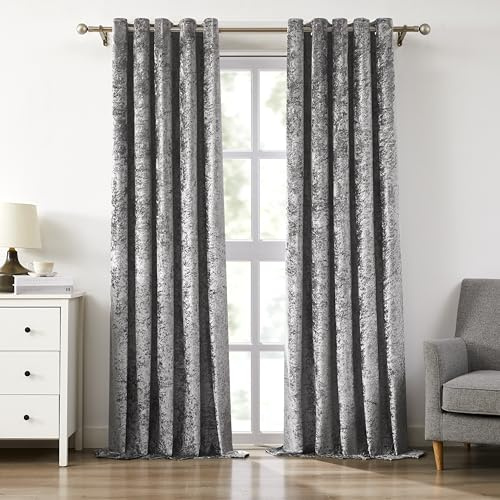 Bujasso Charcoal Full Blackout Velvet Curtains 90 inch 2 Panels Eyelet Thermal Insulated Blackout Lining Drapes for Living Room Bedroom Crushed Velvet Room Darkening Curtains Grommet Top W66xL90
