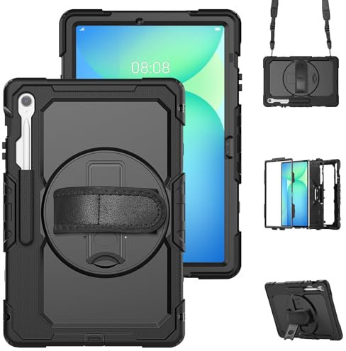 Coque pour Samsung Galaxy Tab S10 FE+ 13,1, résistante aux chocs avec protecteur d'écran, béquille pivotante, poignée et sangle pour Tab S10 FE Plus 13.1 SM-X620/X626B (noir)